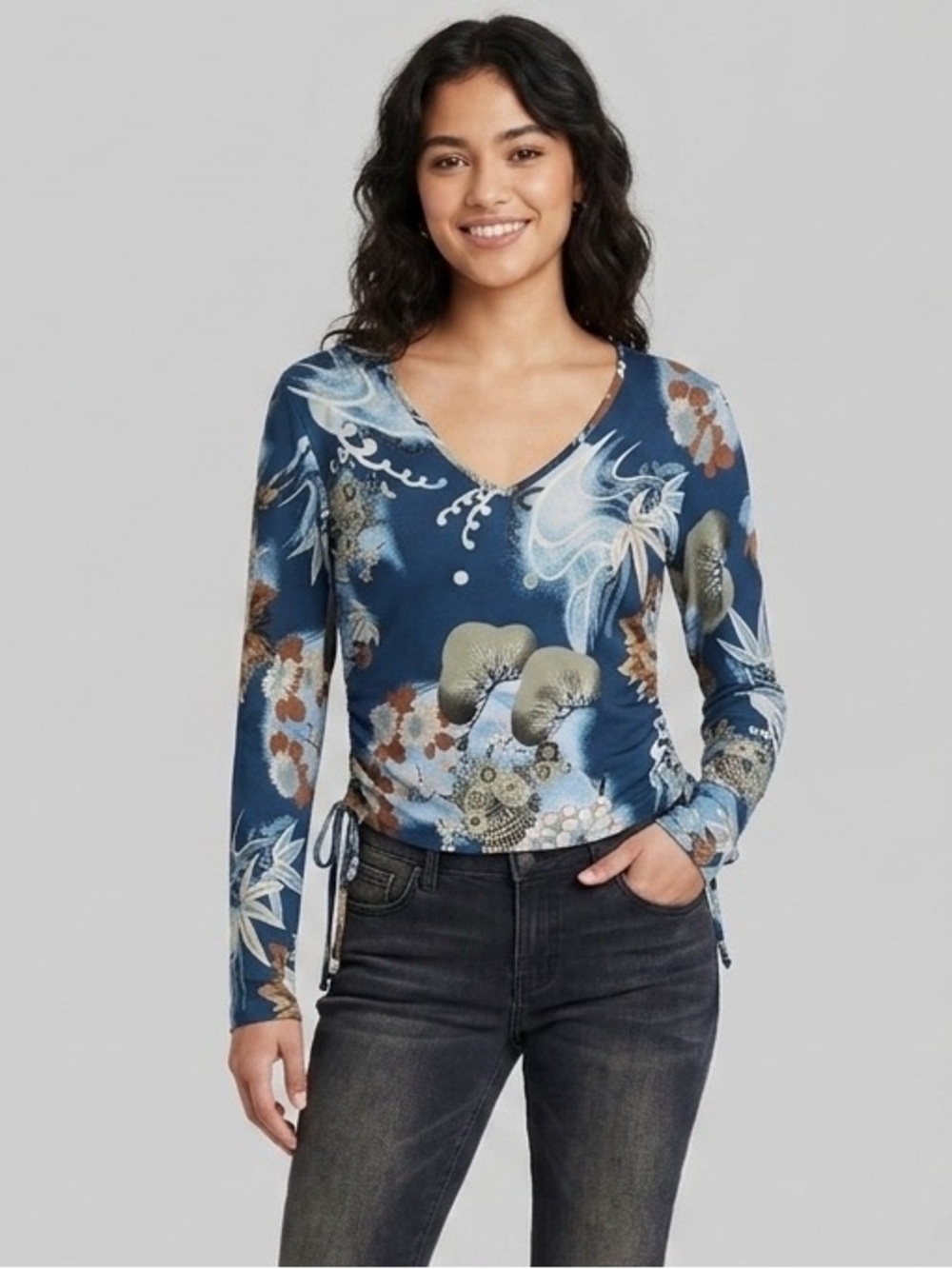 PELICAN COVE | Y2K Japanese Pattern Side Ruched Shirt